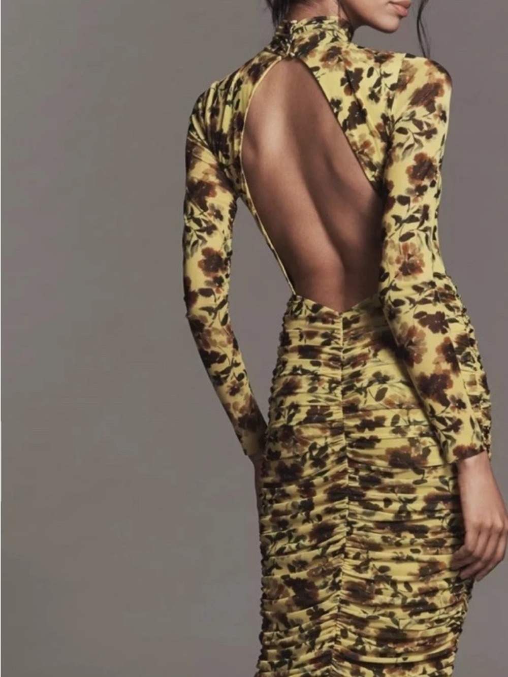 AFRM Cruz Anthropologie Yellow Mesh Floral Maxi Cut Out Back Dress Large New NWT - Picture 5 of 16
